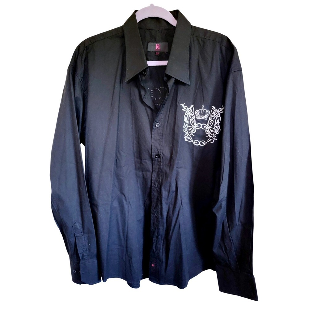 BBC Collection Mens XXXL Black Embroidered Crown Button Down Shirt Long Sleeve - Picture 5 of 14